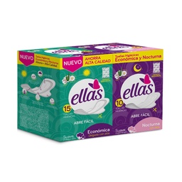 Toallas Higienicas Económica Ellas x 15 Un + Toallas Higiénicas Nocturnas Ellas x 10 Un